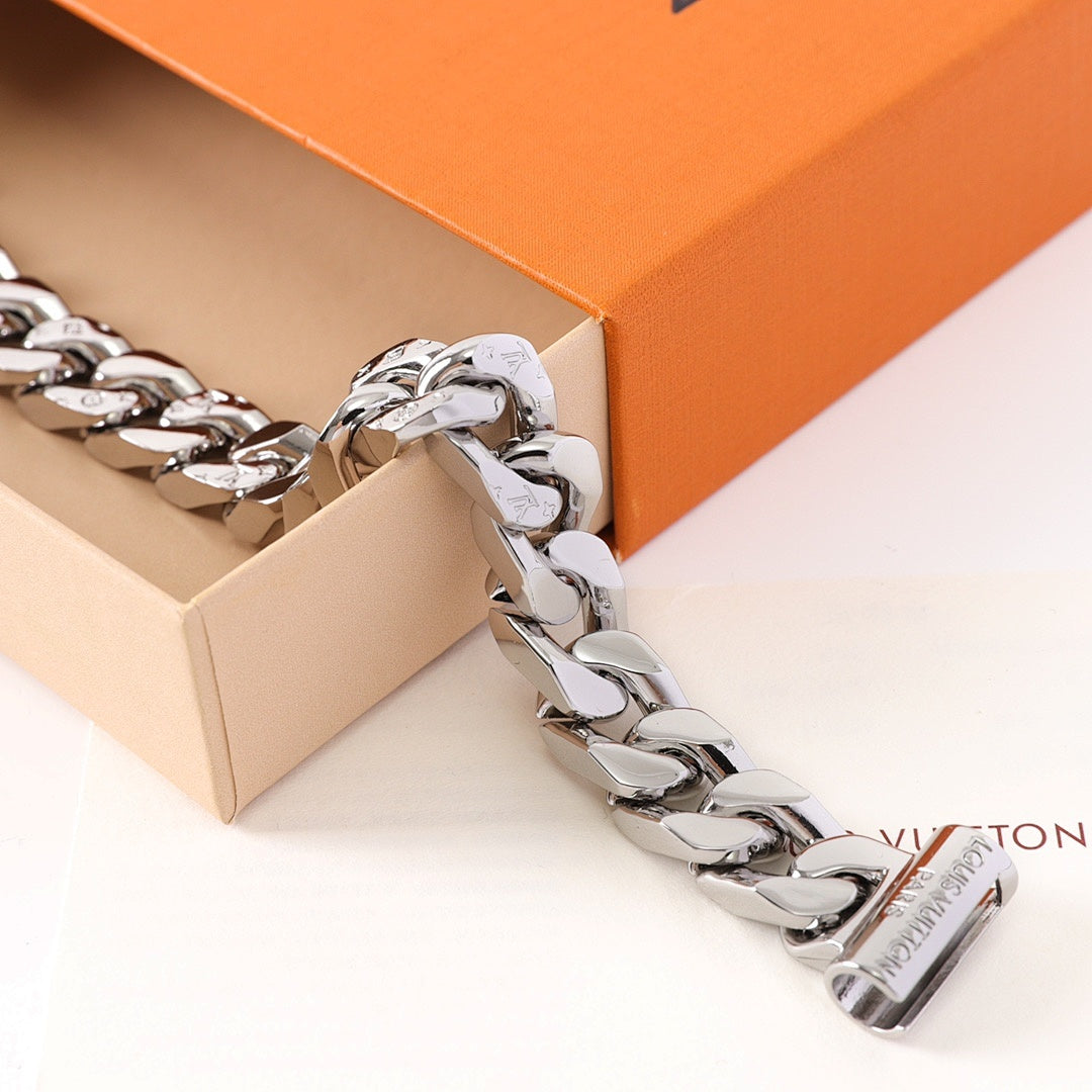 Louis Vuitton Silver-Tone Monogram Curb Chain Bracelet