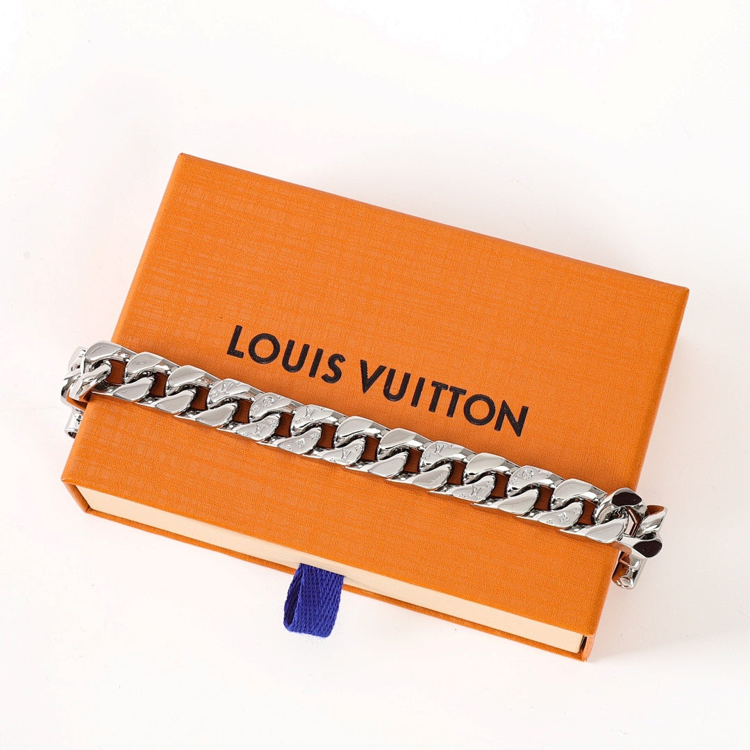 Louis Vuitton Silver-Tone Monogram Curb Chain Bracelet