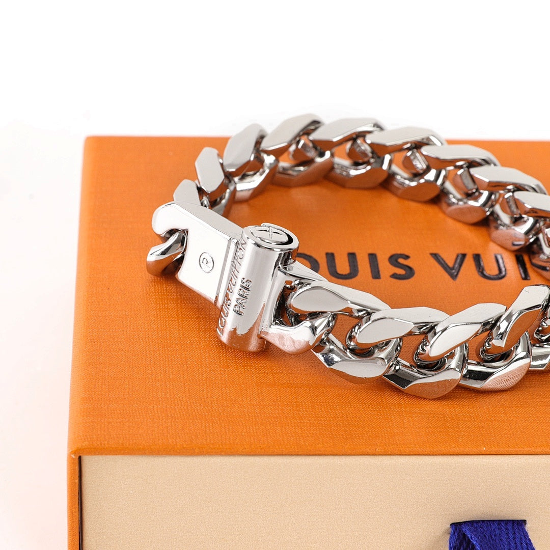 Louis Vuitton Silver-Tone Monogram Curb Chain Bracelet