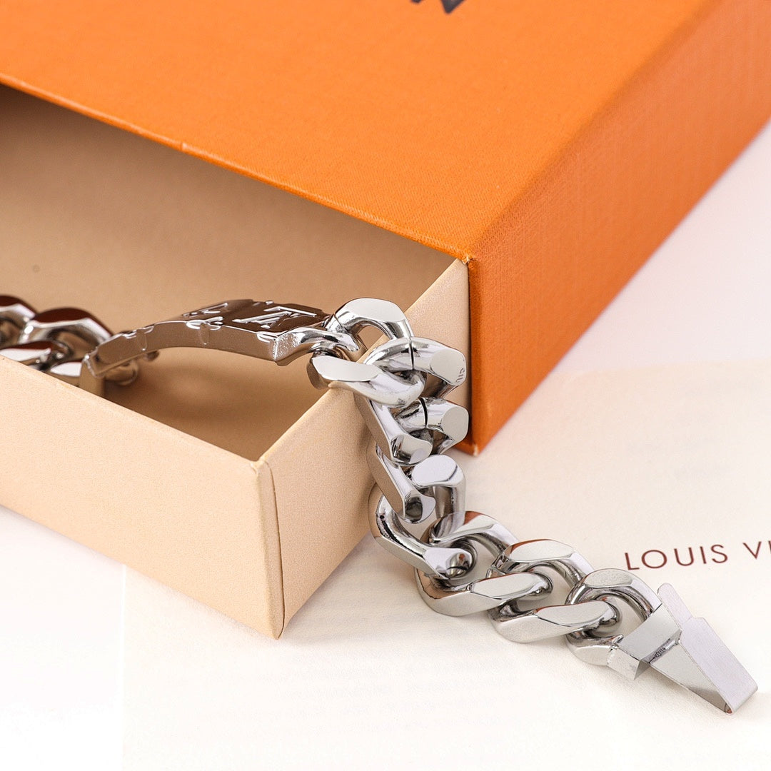 Louis Vuitton Silver-Tone Monogram Plate Chain Bracelet