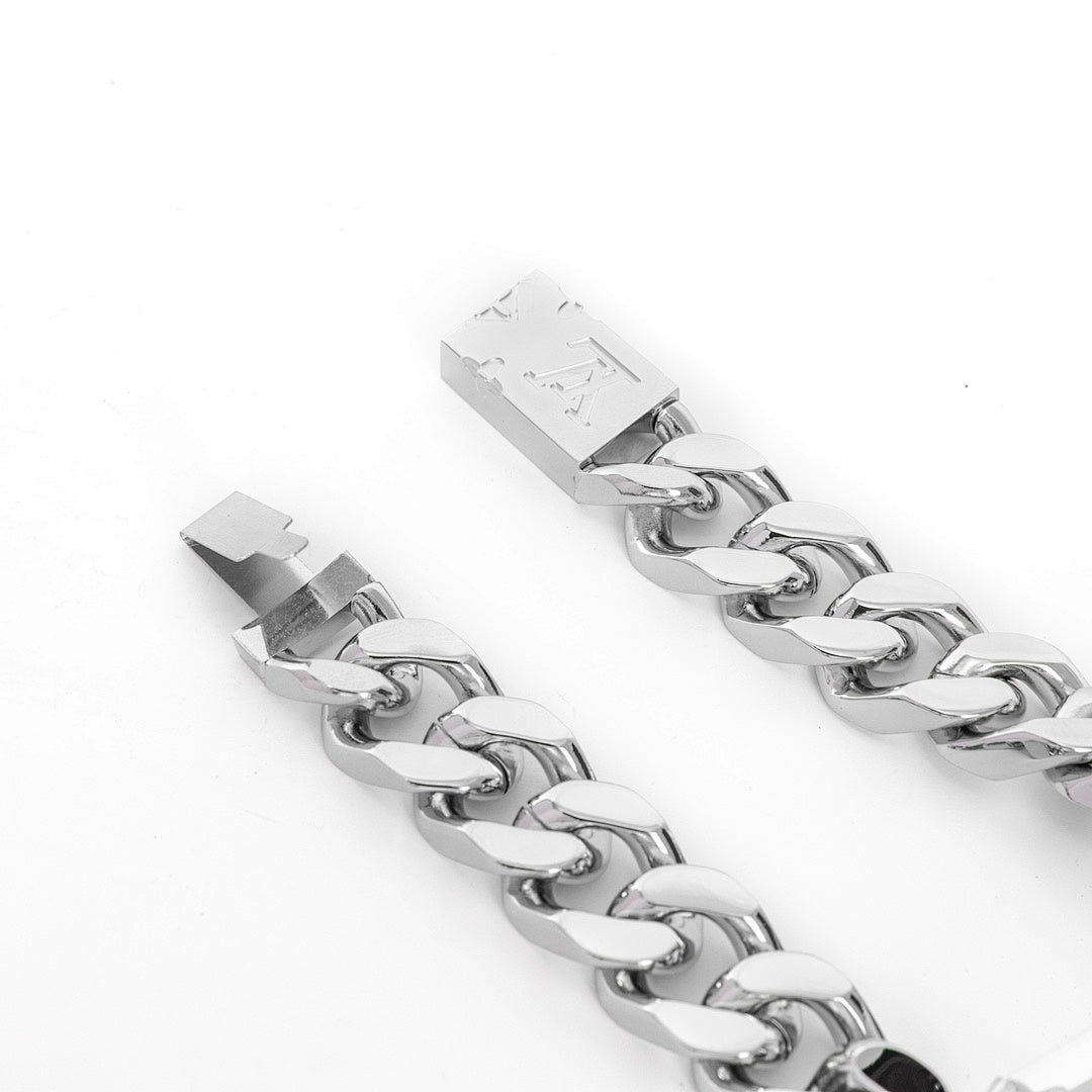 Louis Vuitton Silver-Tone Monogram Plate Chain Bracelet