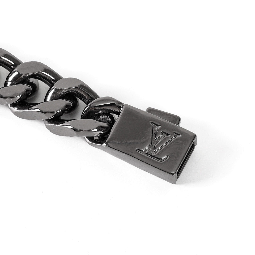 Louis Vuitton Black-Tone Monogram Plate Chain Bracelet