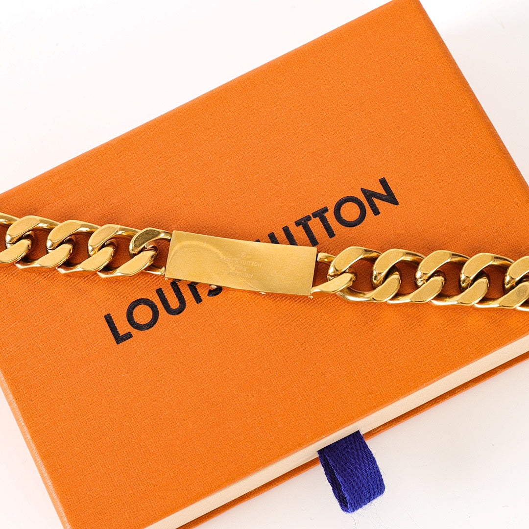 Louis Vuitton Gold-Tone Monogram Plate Chain Bracelet