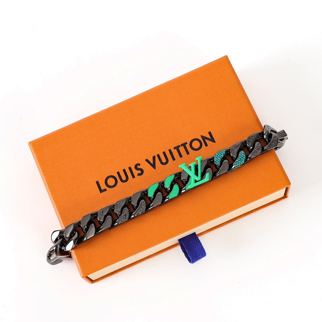 Louis Vuitton Black Chain Bracelet with Green LV Logo