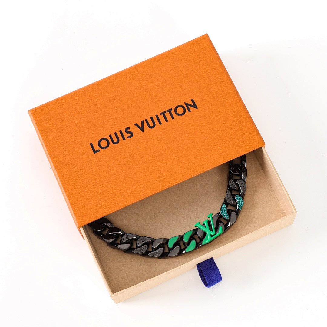 Louis Vuitton Black Chain Bracelet with Green LV Logo