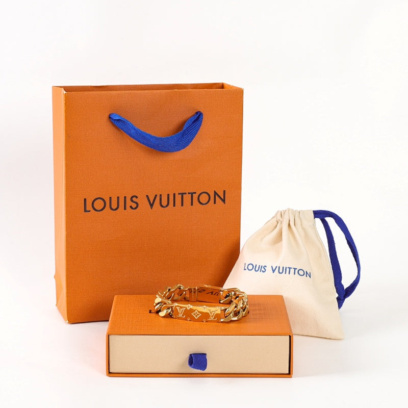 Louis Vuitton Gold-Tone Monogram Plate Chain Bracelet