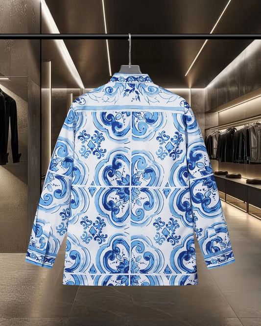 Dolce & Gabbana Long-Sleeve Shirt with Blue Majolica Digital Print