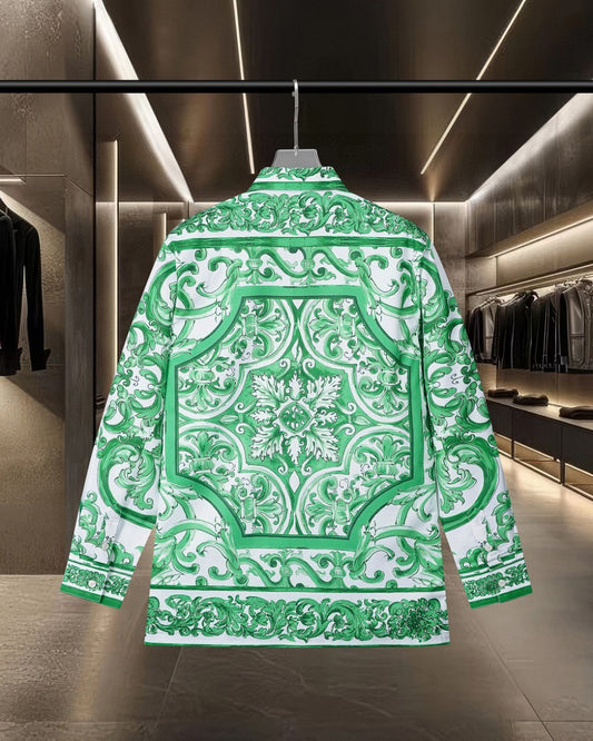 Dolce & Gabbana Long-Sleeve Shirt with Green Majolica Digital Print