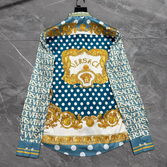 Versace Allover Logo & Polka Dot Panel Long-Sleeve Shirt