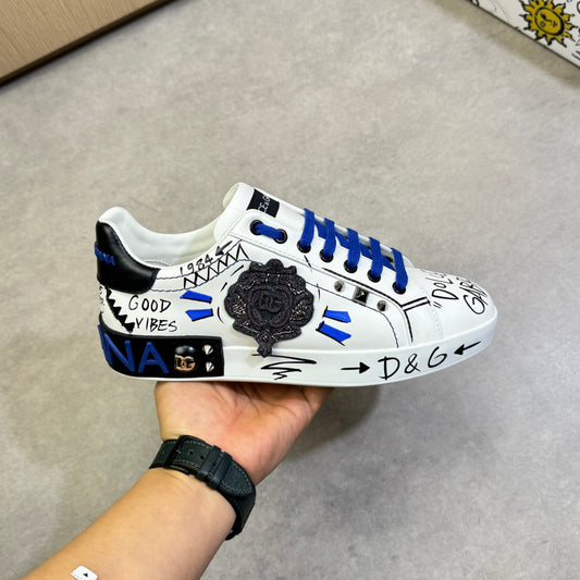 Dolce & Gabbana Portofino Graffiti Art Low-Top Sneakers – White & Blue