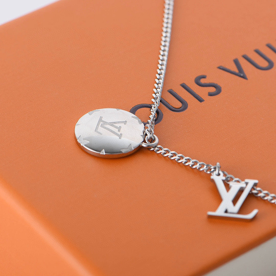 Louis Vuitton Silver-Tone LV Ring & Disc Charm Necklace