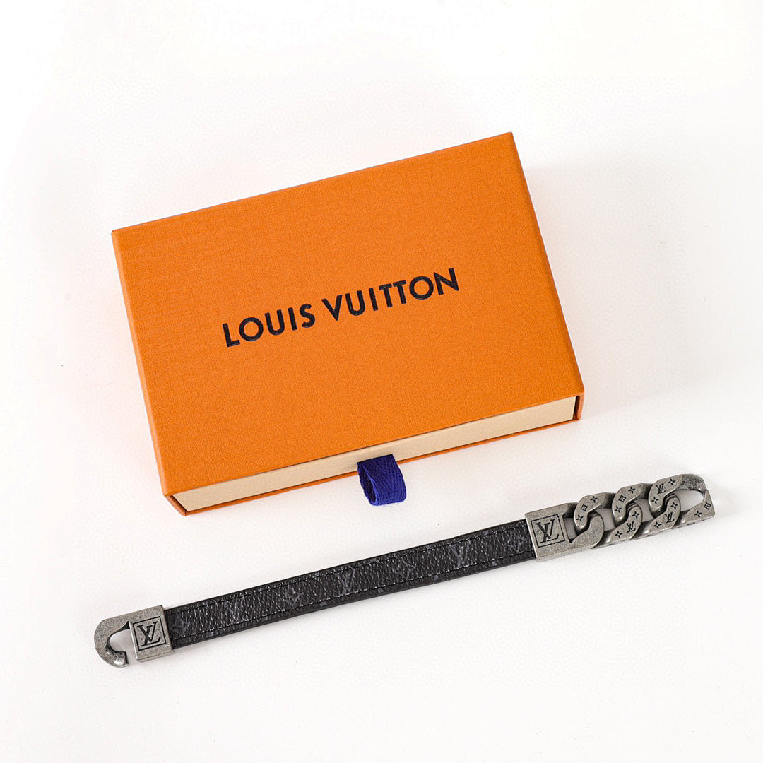Louis Vuitton Black Monogram Strap & Chain Bracelet