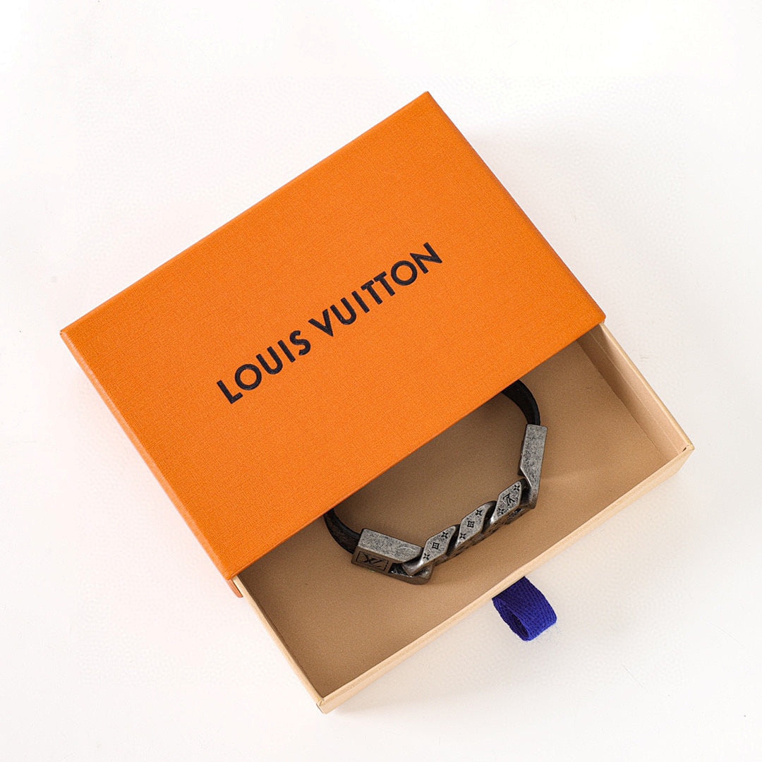 Louis Vuitton Black Monogram Strap & Chain Bracelet