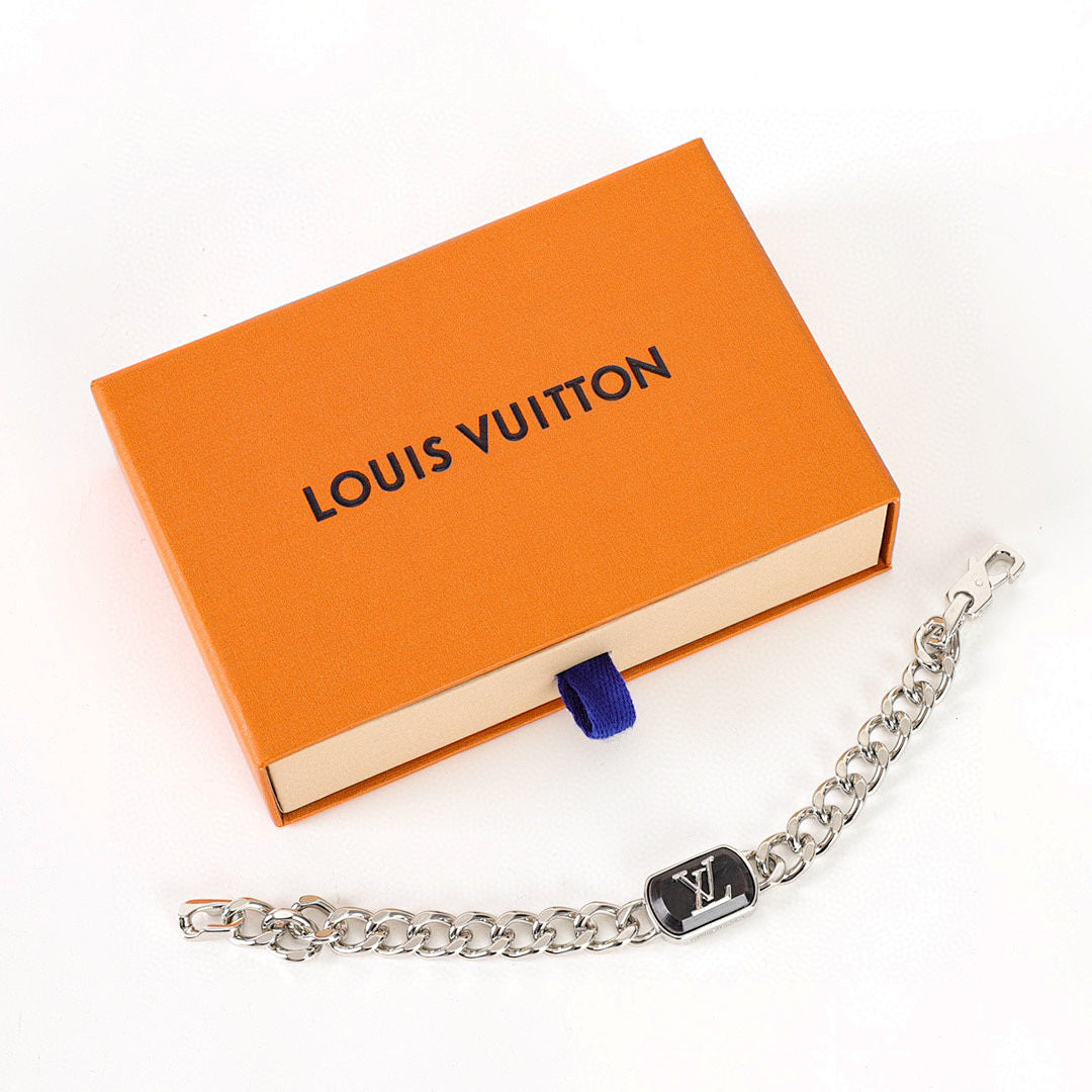 Louis Vuitton Silver-Tone Chain Bracelet with Black LV Plate
