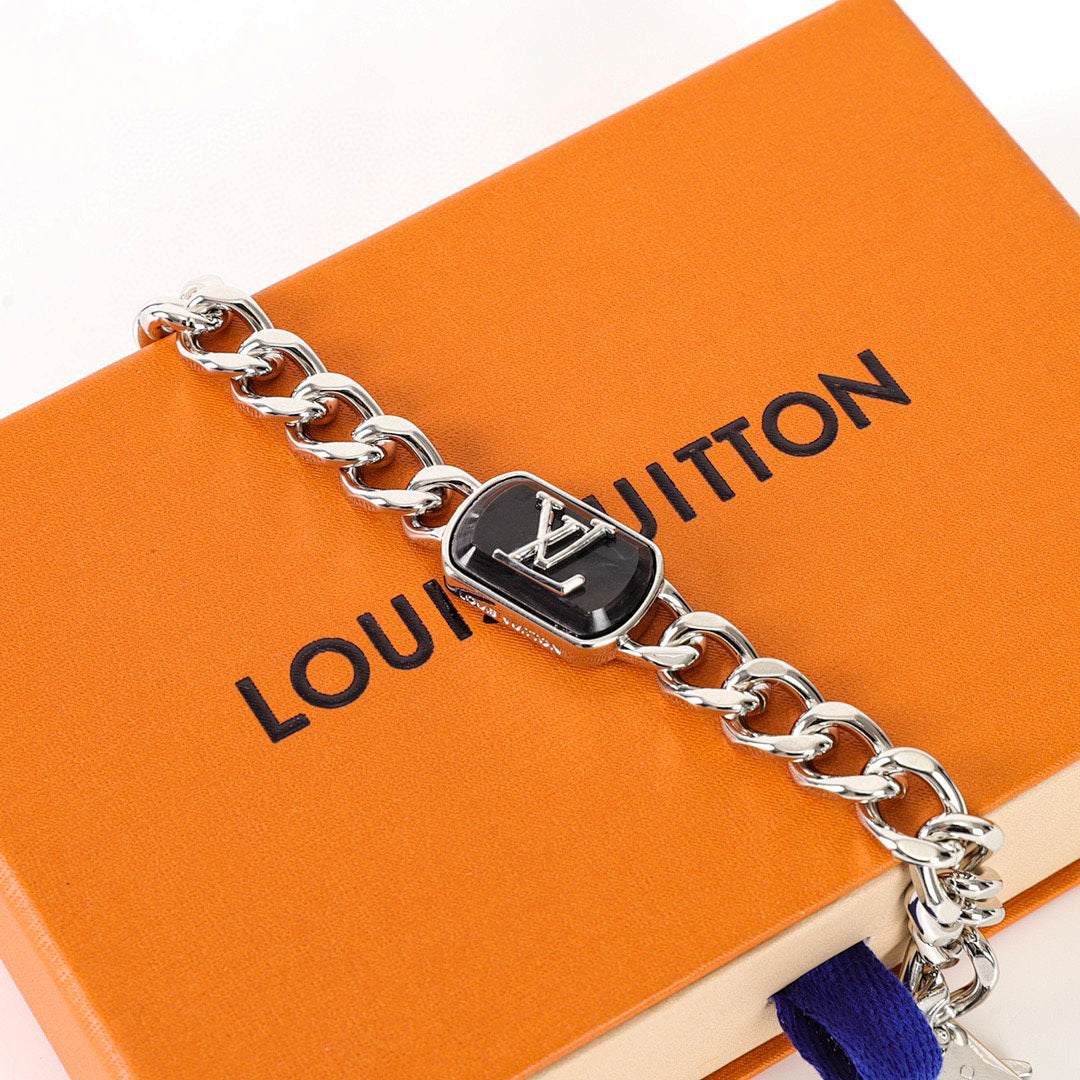 Louis Vuitton Silver-Tone Chain Bracelet with Black LV Plate
