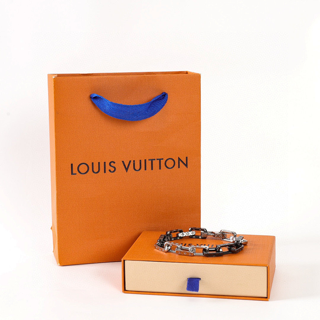 Louis Vuitton Black & Silver-Tone Monogram Link Bracelet