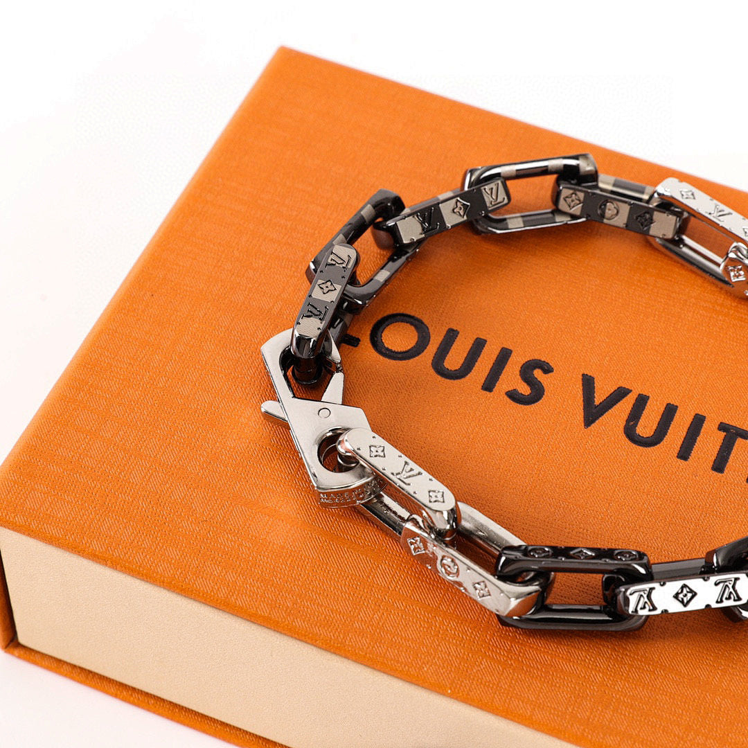 Louis Vuitton Black & Silver-Tone Monogram Link Bracelet