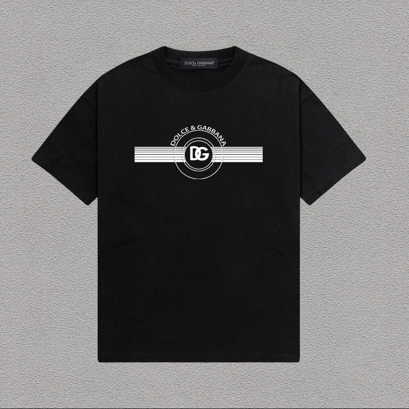 Dolce & Gabbana DG Circle Badge Stripe Print T-Shirt | Black