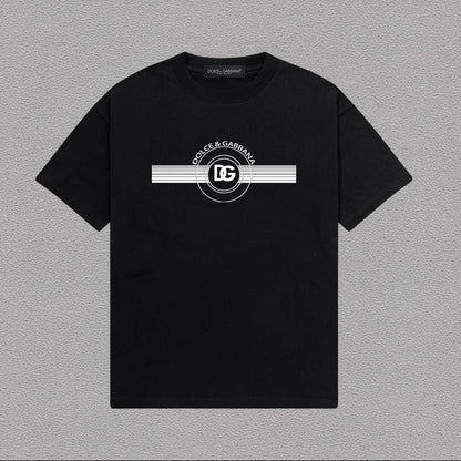 Dolce & Gabbana DG Circle Badge Stripe Print T-Shirt | Black