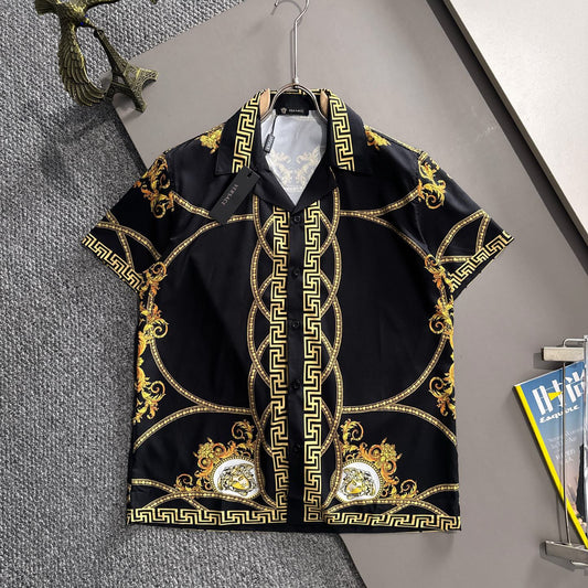 Versace Barocco Gold Print Short-Sleeve Shirt