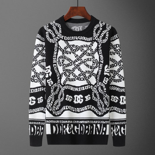 Dolce & Gabbana All-Over Logo Chain Jacquard Sweater | Black & White