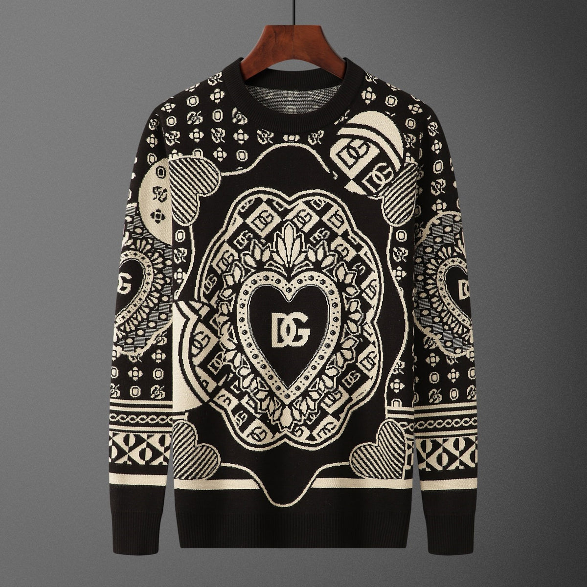 Dolce & Gabbana DG Sacred Heart Baroque Jacquard Sweater | Black & Ivory