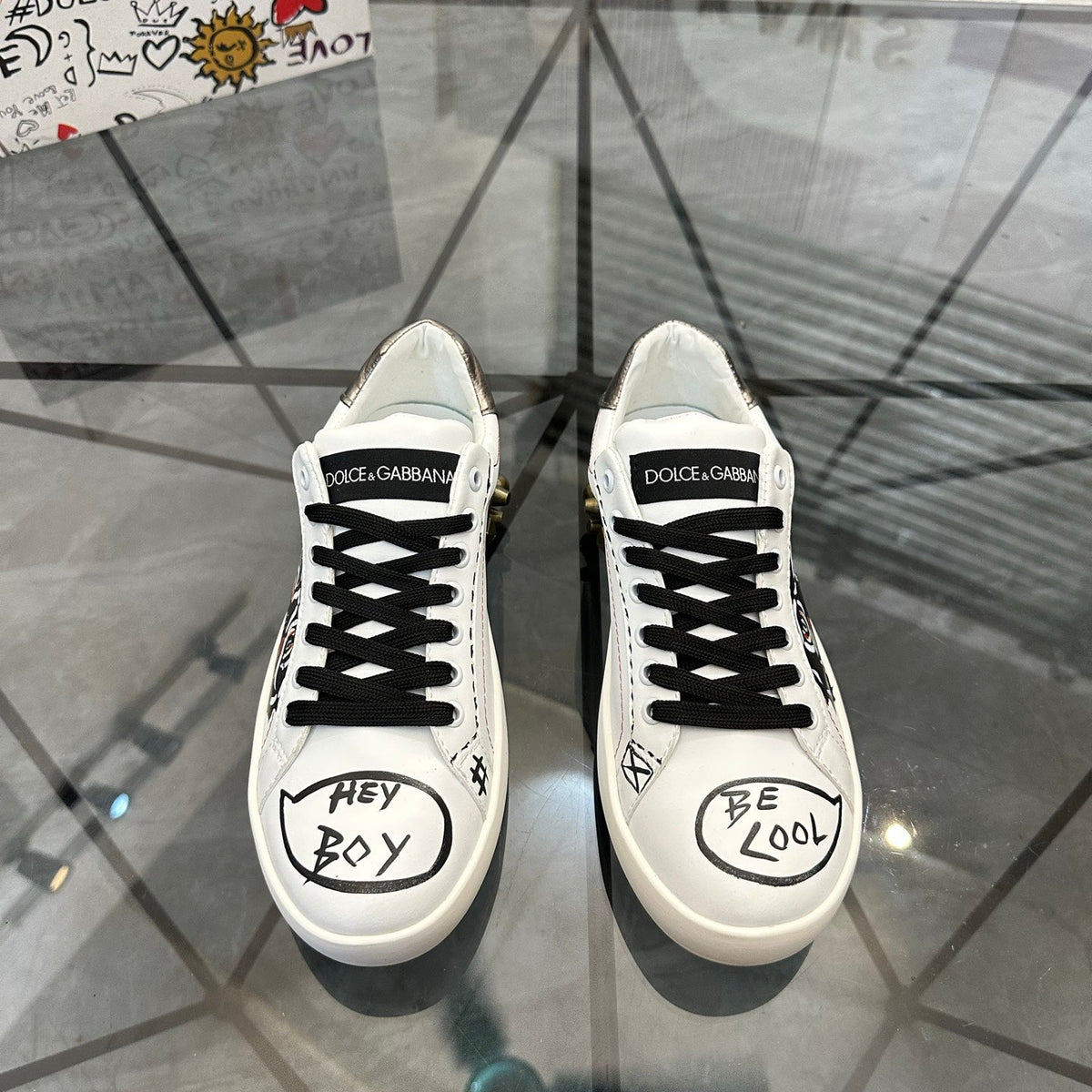 Dolce & Gabbana Portofino SNK "Hey Boy / Be Cool" Graffiti Sneakers – White & Black