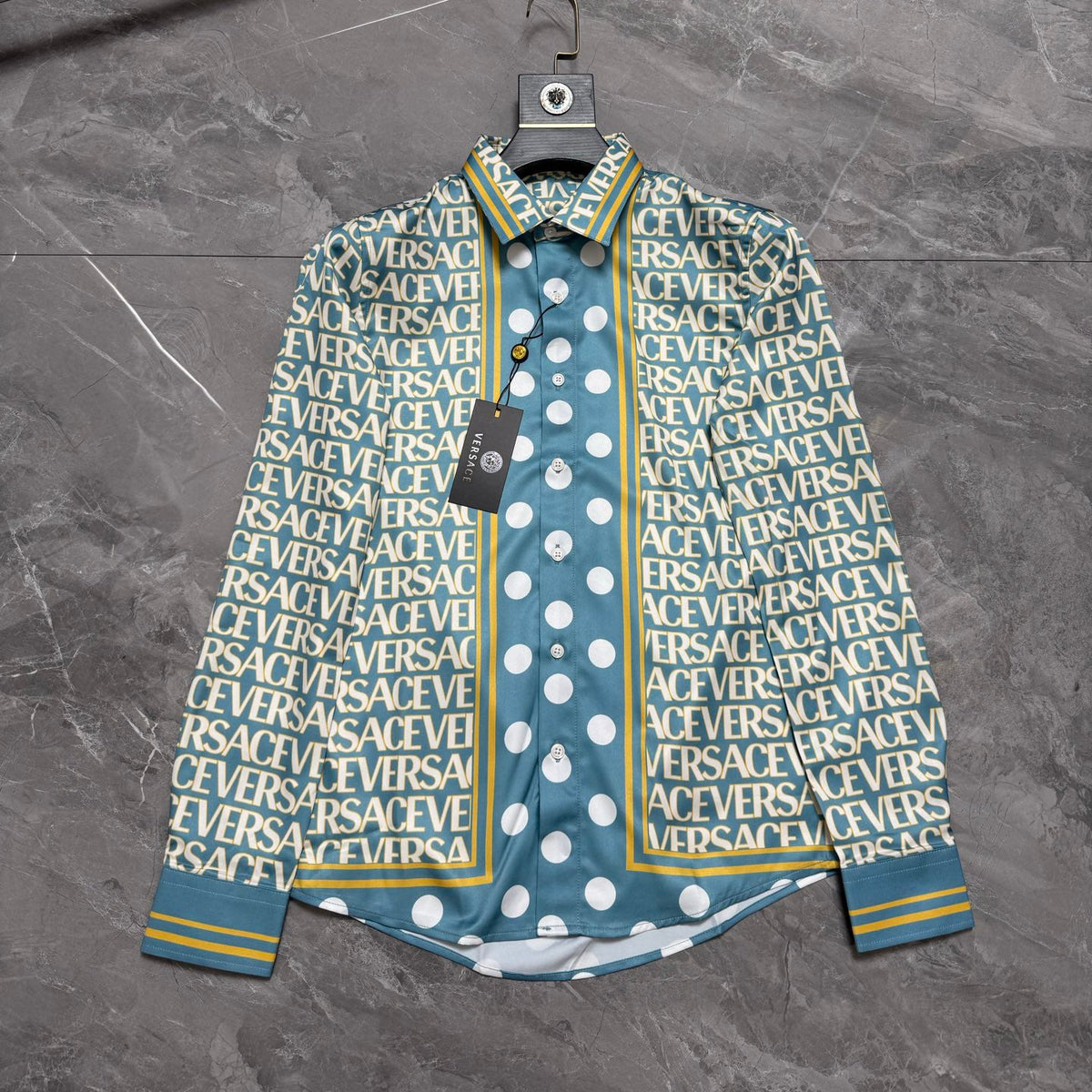 Versace Allover Logo & Polka Dot Panel Long-Sleeve Shirt