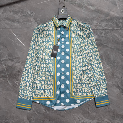 Versace Allover Logo & Polka Dot Panel Long-Sleeve Shirt