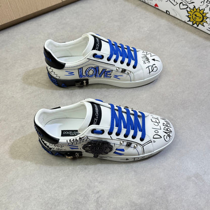 Dolce & Gabbana Portofino Graffiti Art Low-Top Sneakers – White & Blue