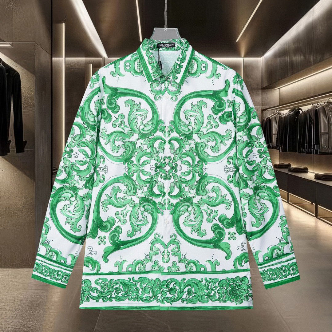 Dolce & Gabbana Long-Sleeve Shirt with Green Majolica Digital Print