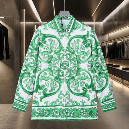 Dolce & Gabbana Long-Sleeve Shirt with Green Majolica Digital Print