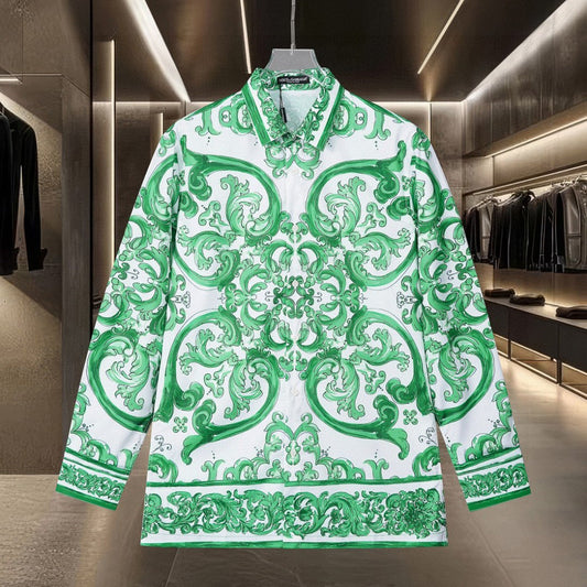 Dolce & Gabbana Long-Sleeve Shirt with Green Majolica Digital Print