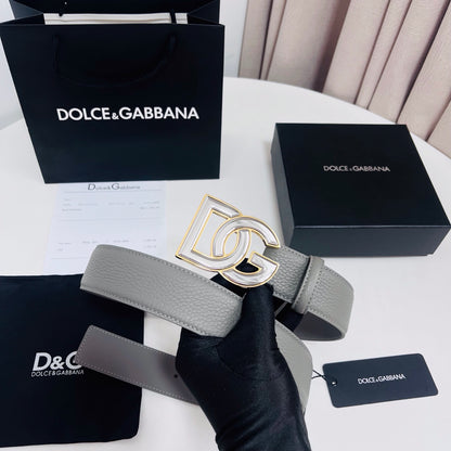 Dolce & Gabbana DG Logo Belt – Grey / Pearl & Gold Buckle