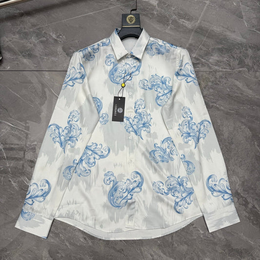 Versace Baroque Ice Blue Scrollwork Long-Sleeve Shirt