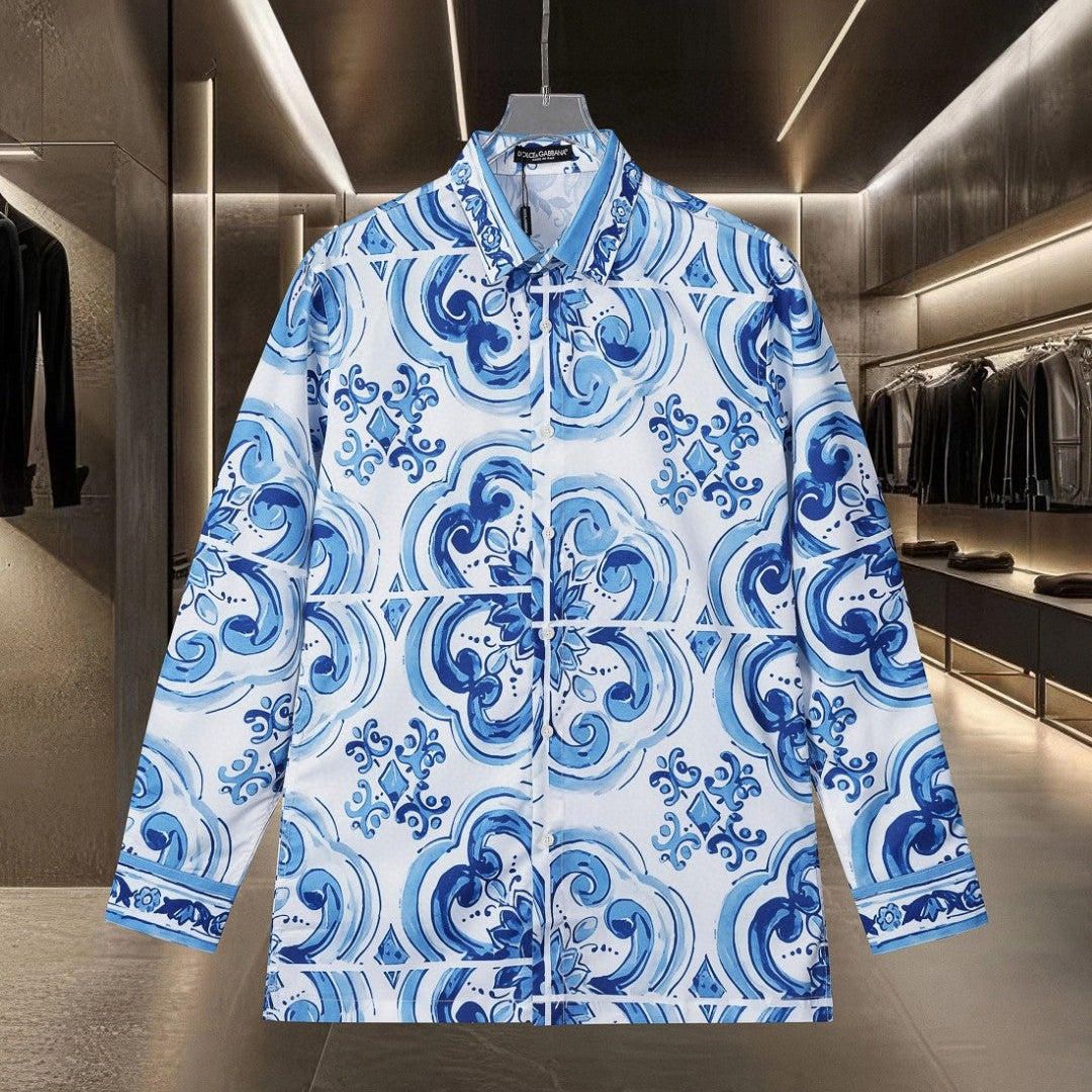 Dolce & Gabbana Long-Sleeve Shirt with Blue Majolica Digital Print