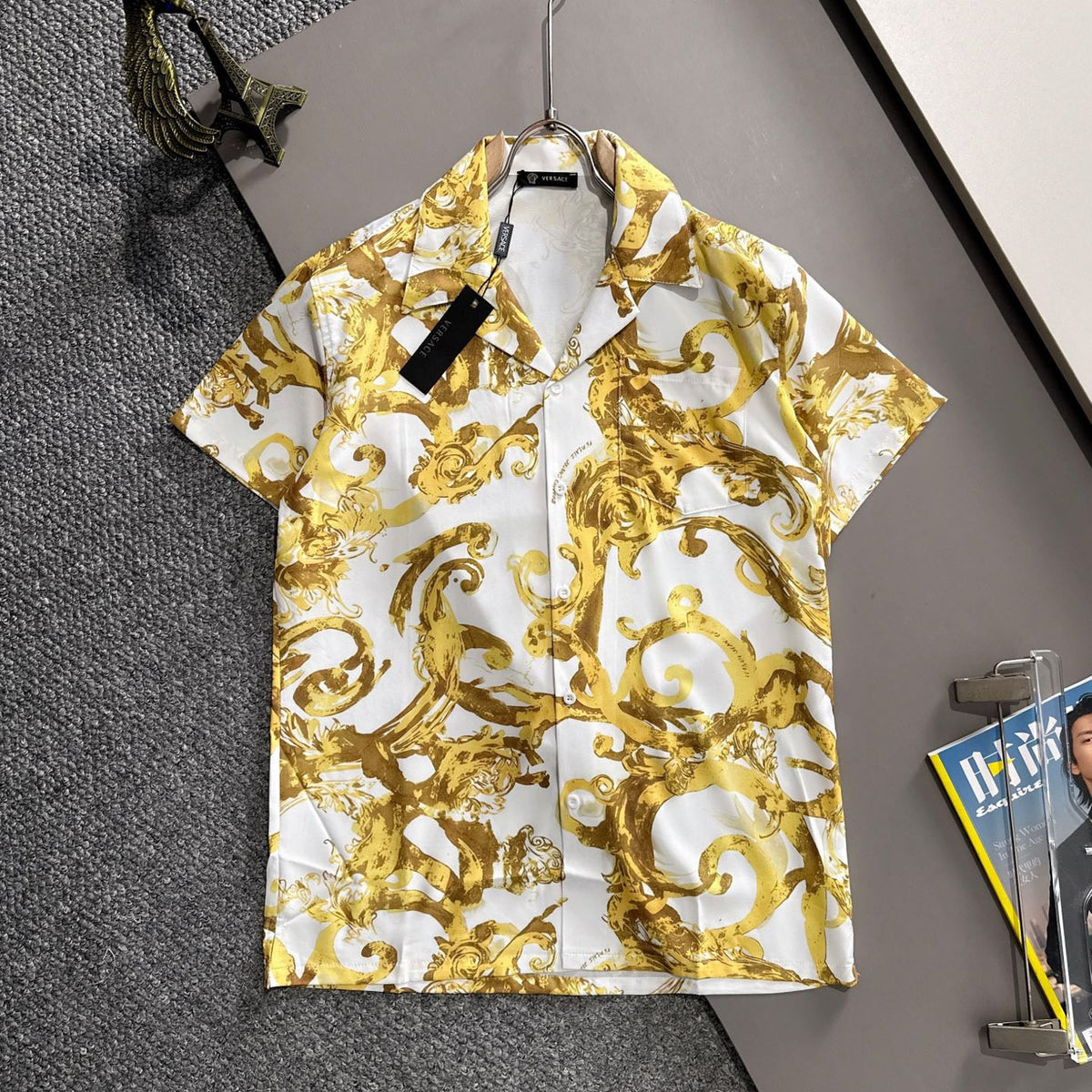 Versace Barocco White & Gold Scrollwork Short-Sleeve Shirt