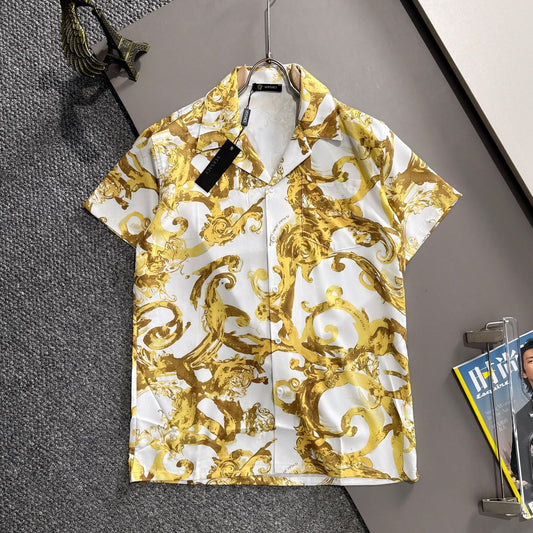 Versace Barocco White & Gold Scrollwork Short-Sleeve Shirt