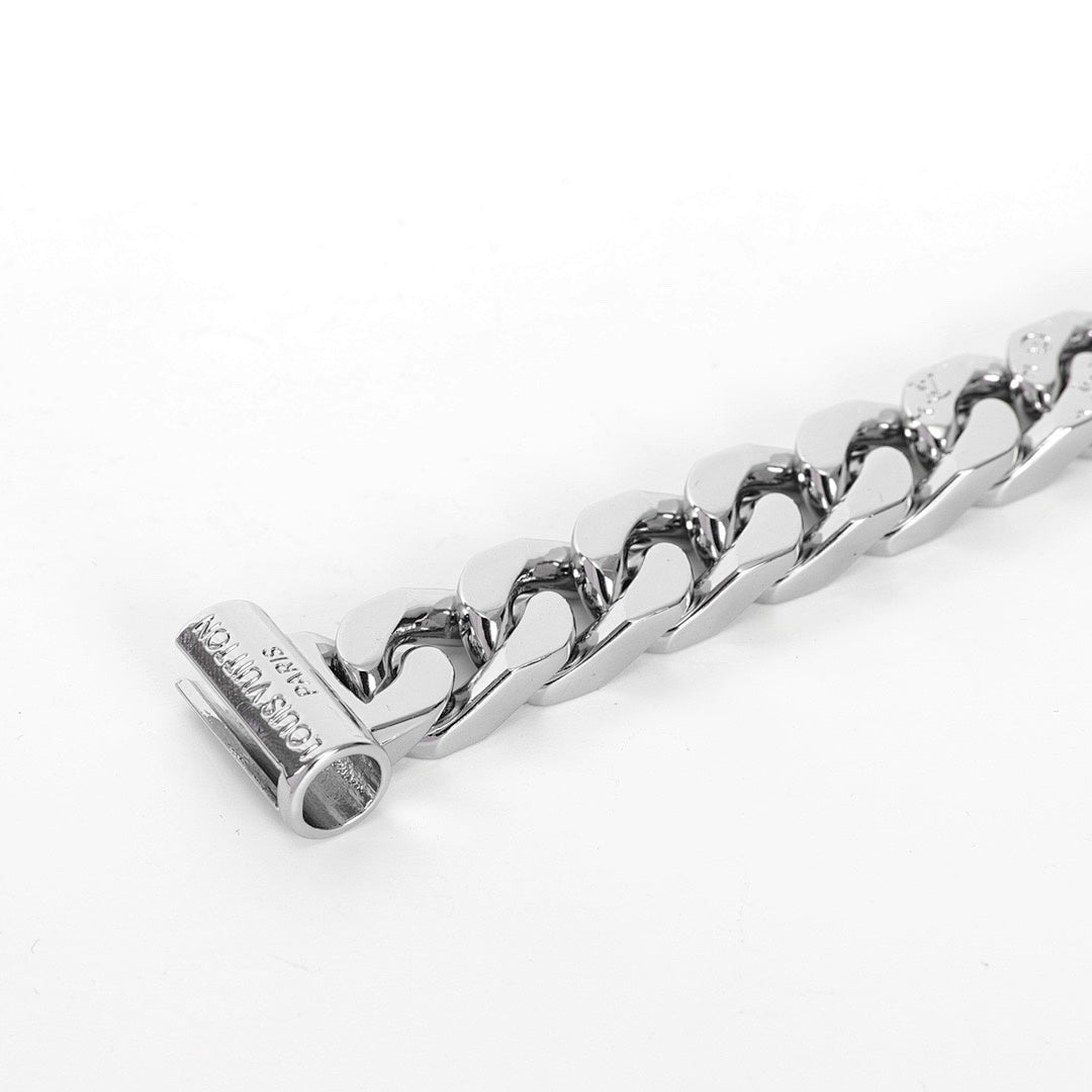 Louis Vuitton Silver-Tone Monogram Curb Chain Bracelet