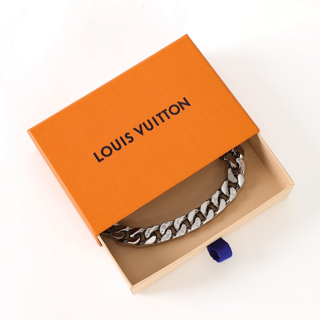 Louis Vuitton Silver-Tone Monogram Curb Chain Bracelet