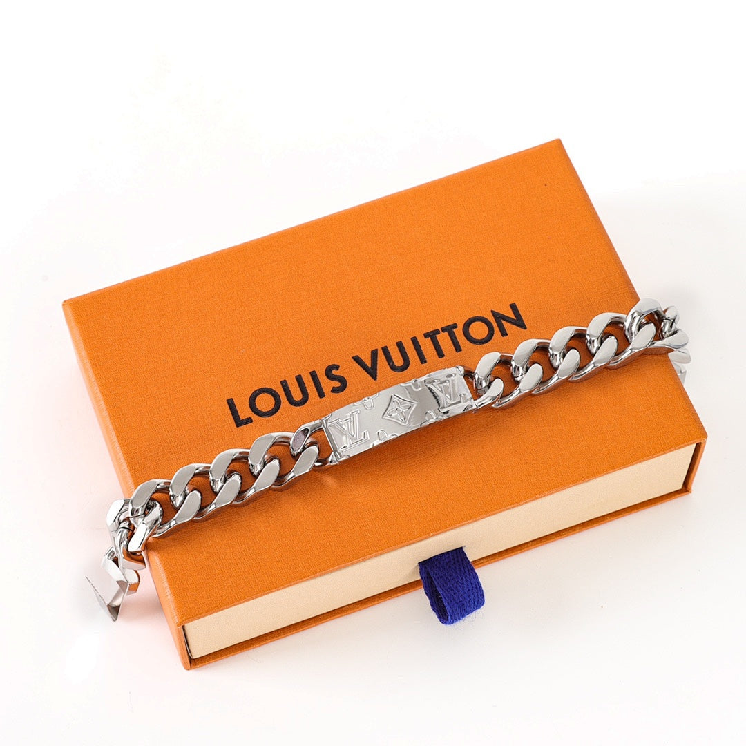 Louis Vuitton Silver-Tone Monogram Plate Chain Bracelet