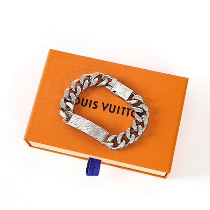 Louis Vuitton Silver-Tone Monogram Plate Chain Bracelet
