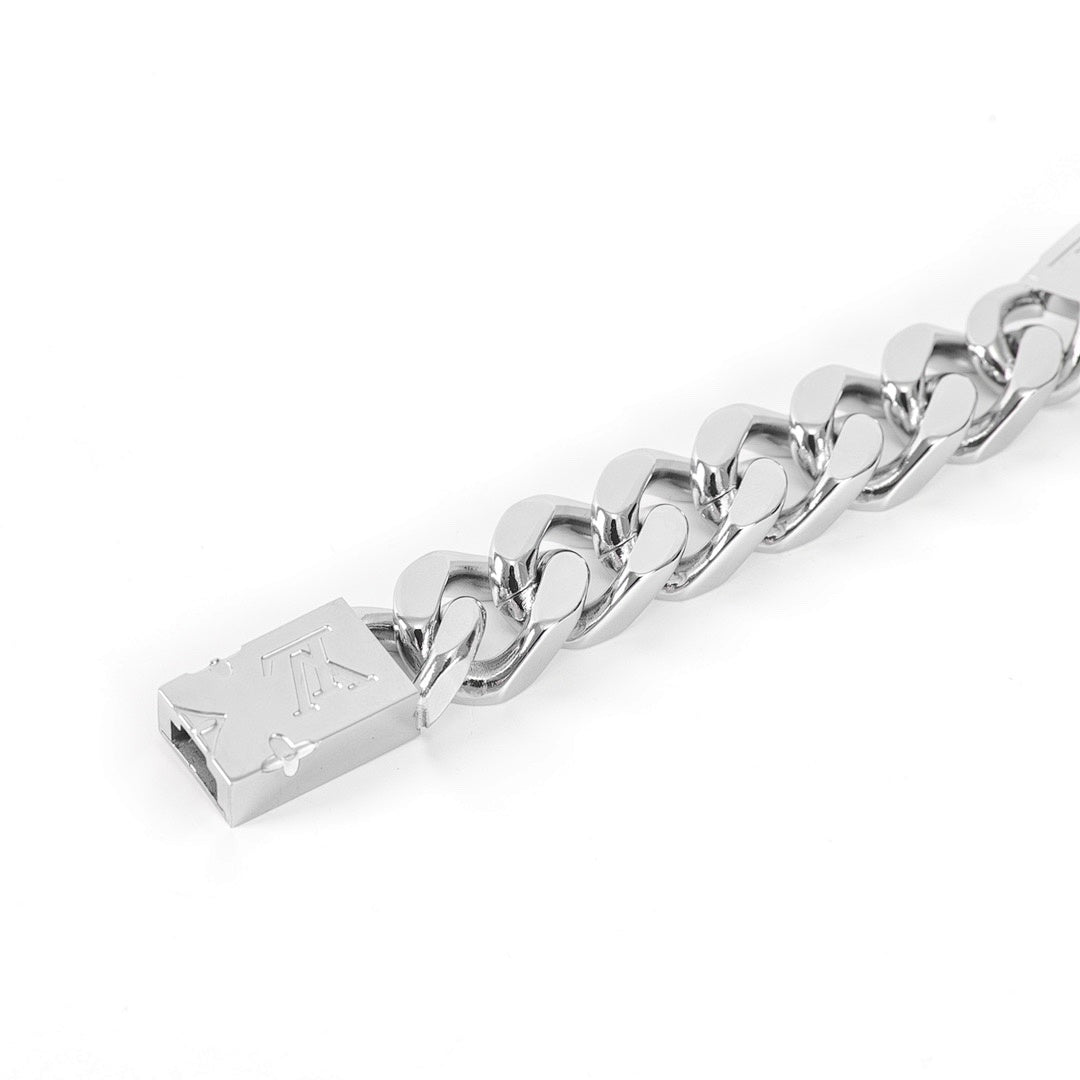 Louis Vuitton Silver-Tone Monogram Plate Chain Bracelet