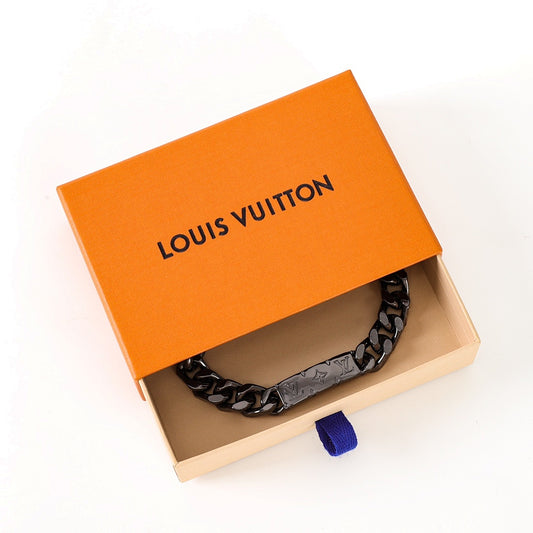 Louis Vuitton Black-Tone Monogram Plate Chain Bracelet