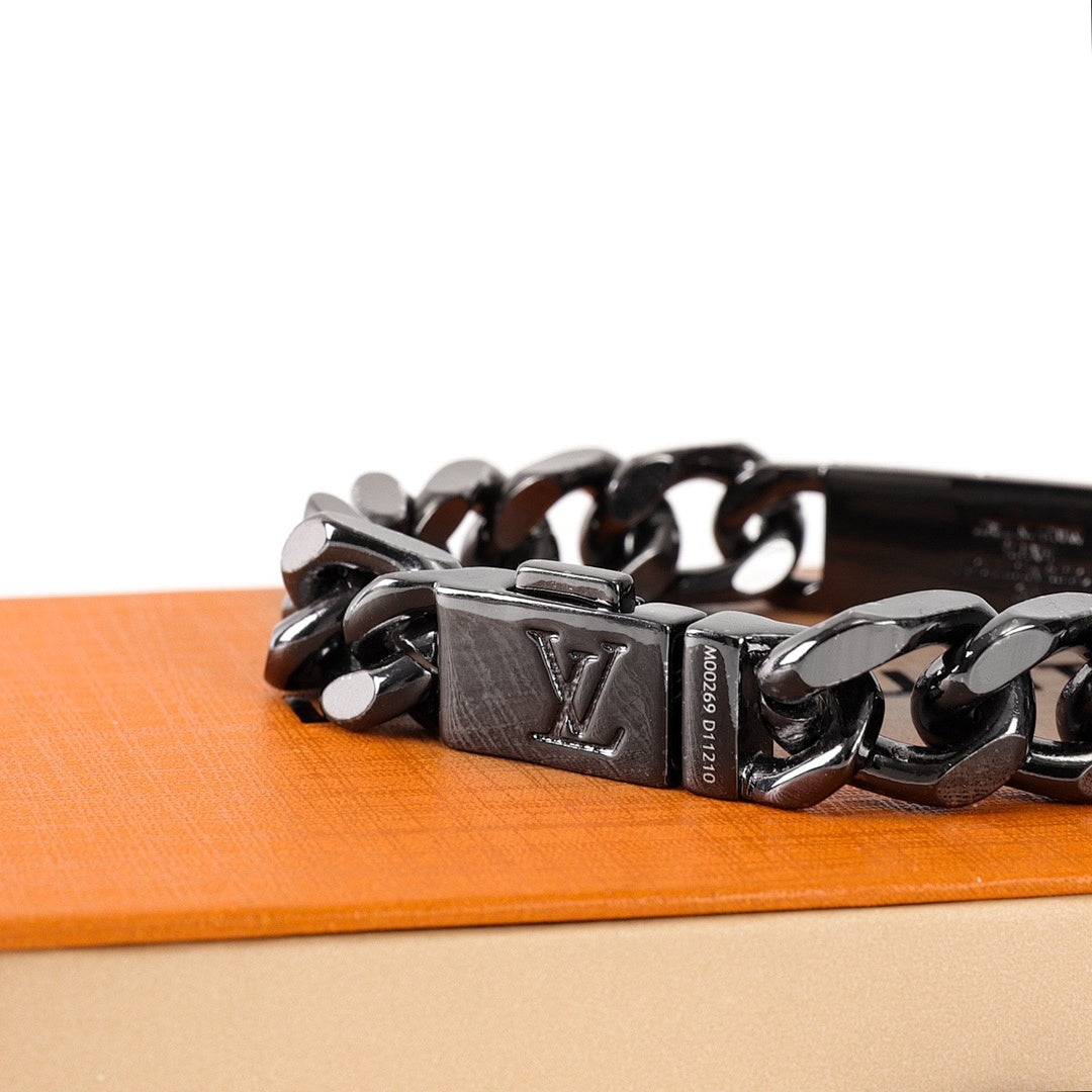 Louis Vuitton Black-Tone Monogram Plate Chain Bracelet