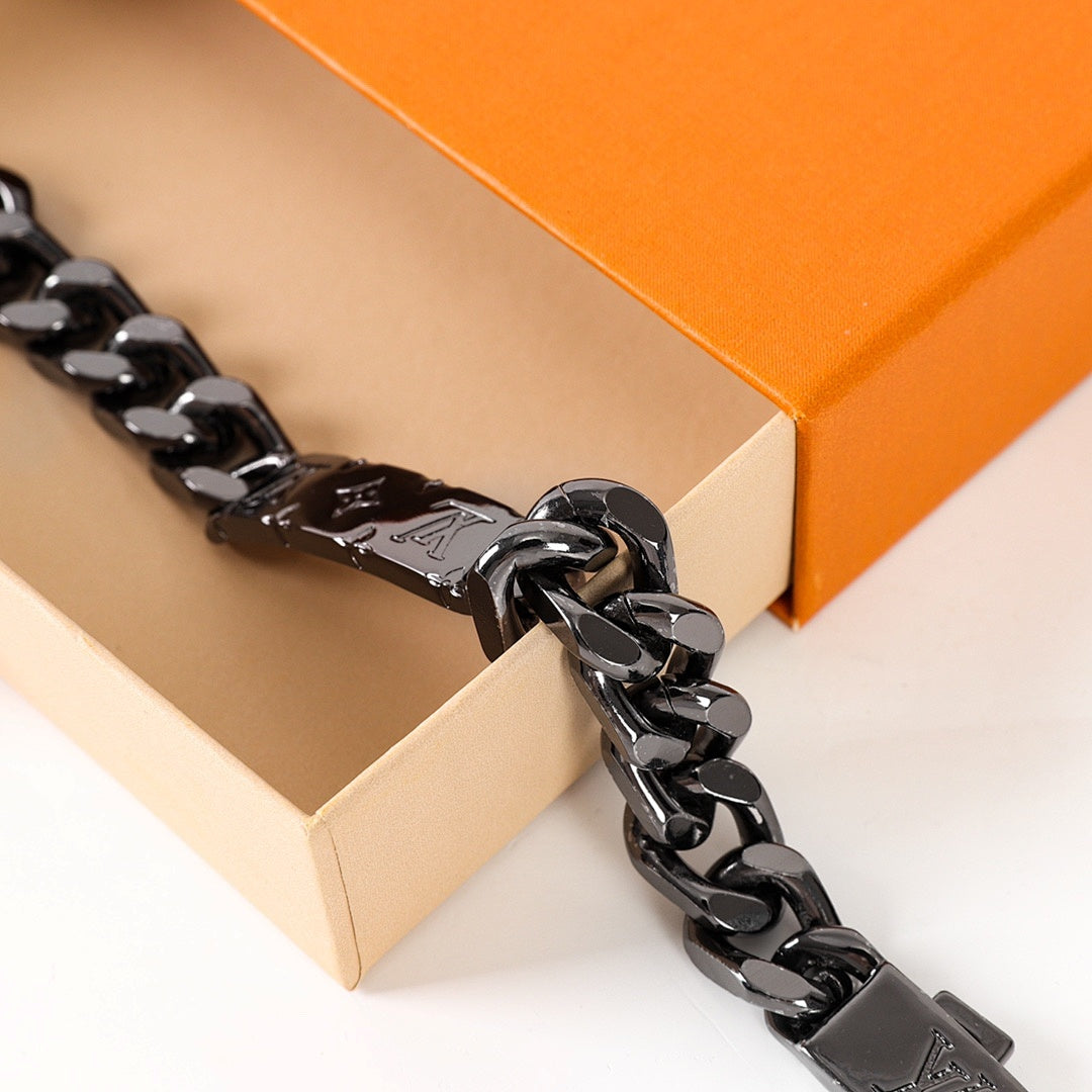 Louis Vuitton Black-Tone Monogram Plate Chain Bracelet
