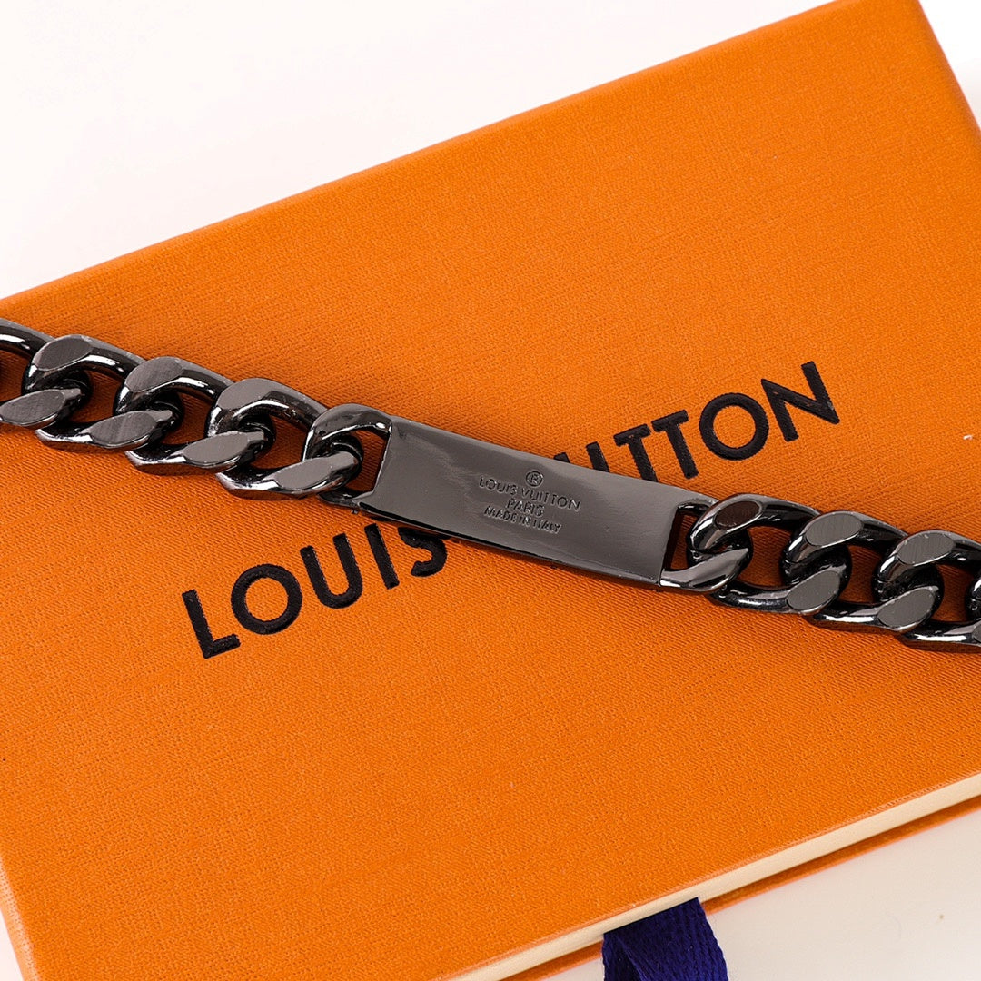 Louis Vuitton Black-Tone Monogram Plate Chain Bracelet