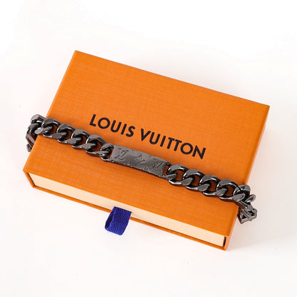 Louis Vuitton Black-Tone Monogram Plate Chain Bracelet