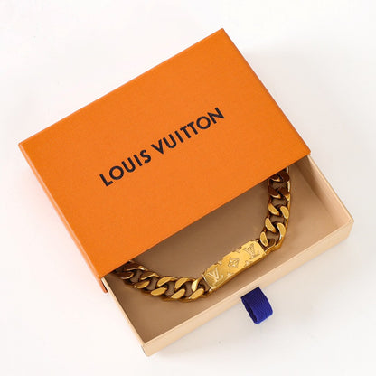 Louis Vuitton Gold-Tone Monogram Plate Chain Bracelet