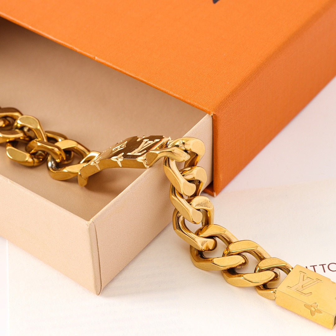 Louis Vuitton Gold-Tone Monogram Plate Chain Bracelet